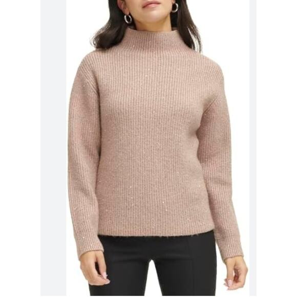 Calvin Klein Women's Sequin Metallic Long Sleeve Mock Neck Sweater in Beige - Picture 1 of 7